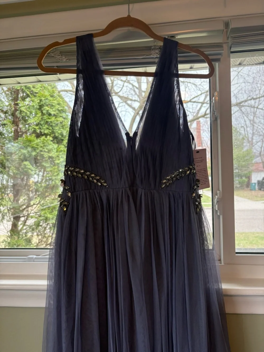 BHLDN Slate Blue Tulle Gown with Metallic Floral Embroidery NWT - Picture 7 of 9